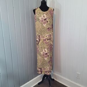 VTG 90s R.A.E. Womens Sz M Linen Maxi Dress Floral & Leopard Print Side Slits